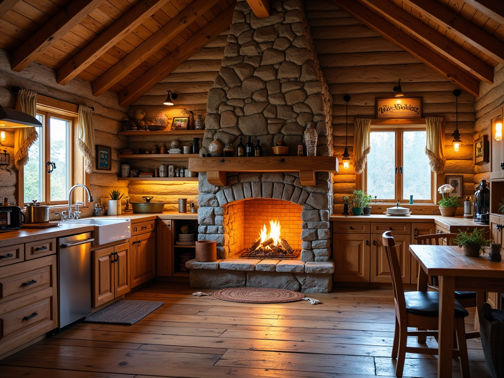 Charming Rustic Cabin Kitchen with Stone Fireplace