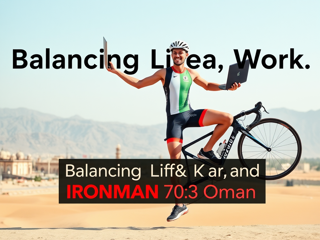 Create a realistic image of a determined white male triathlete in his mid-30s balancing on one foot while holding a laptop in one hand and a bicycle in the other, set against a backdrop of Oman's desert landscape with distant mountains and traditional architecture. The athlete wears triathlon gear and a focused expression. Text overlay reads "Balancing Life, Work, and IRONMAN 70.3 Oman".