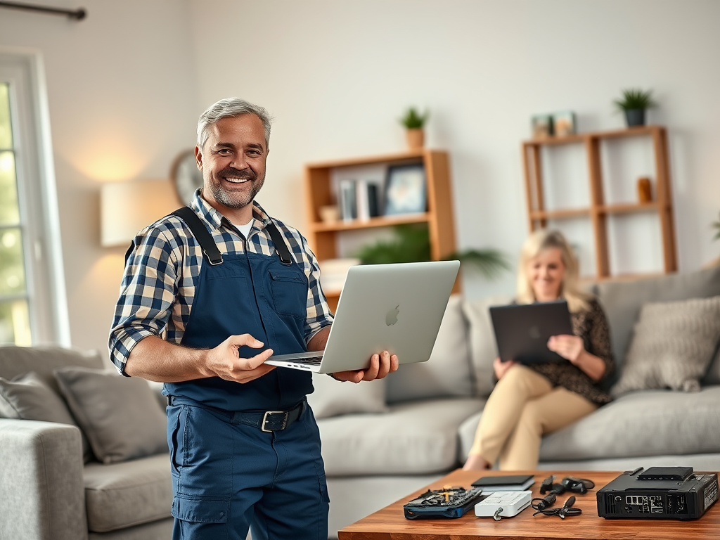 Create a realistic image of a smiling white male technician in his 30s wearing a uniform, holding a repaired laptop, standing in a well-lit living room with a satisfied middle-aged white female customer sitting on a couch, examining her working laptop, with tools and computer parts neatly arranged on a nearby coffee table.