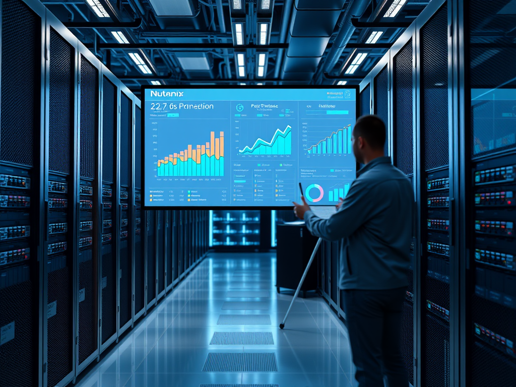 Create a realistic image of a sleek, modern data center with rows of Nutanix servers, showing a digital dashboard on a large screen displaying performance metrics and optimization graphs, with blue and white color scheme, bright LED lighting, and a blurred technician in the background adjusting settings on a control panel.