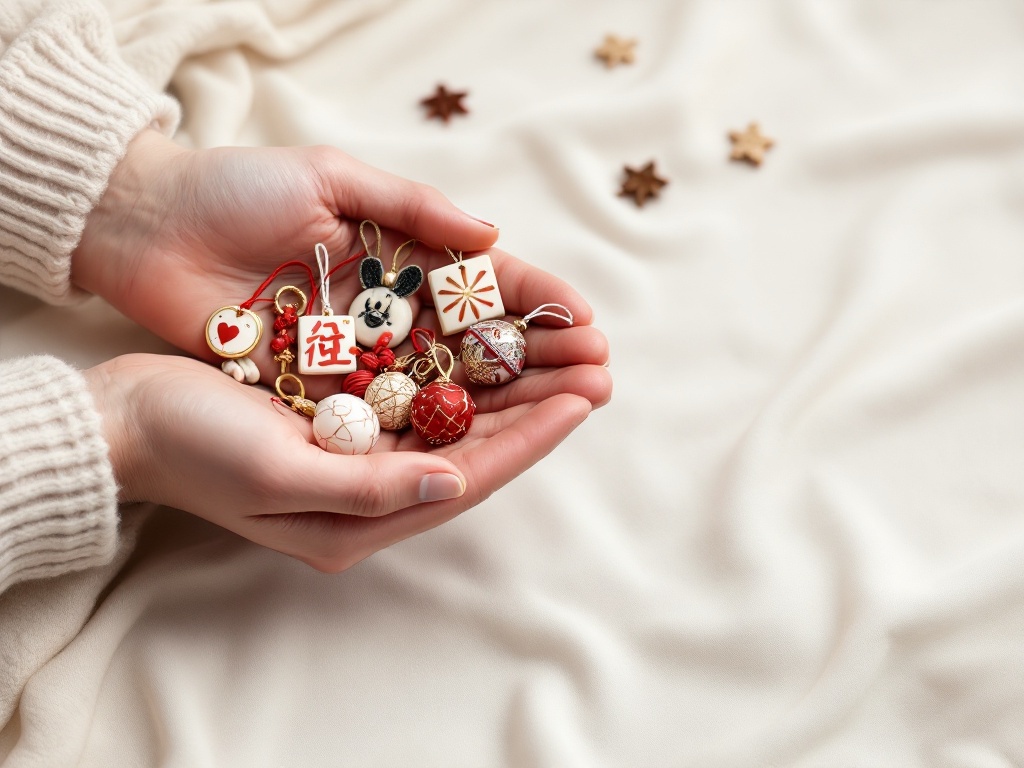 A photorealistic shot capturing a close-up of hands gently holding a variety of modern and traditional charms, showcasing different designs from simple red and white strings to more elaborate charms, arranged on a light-colored fabric background