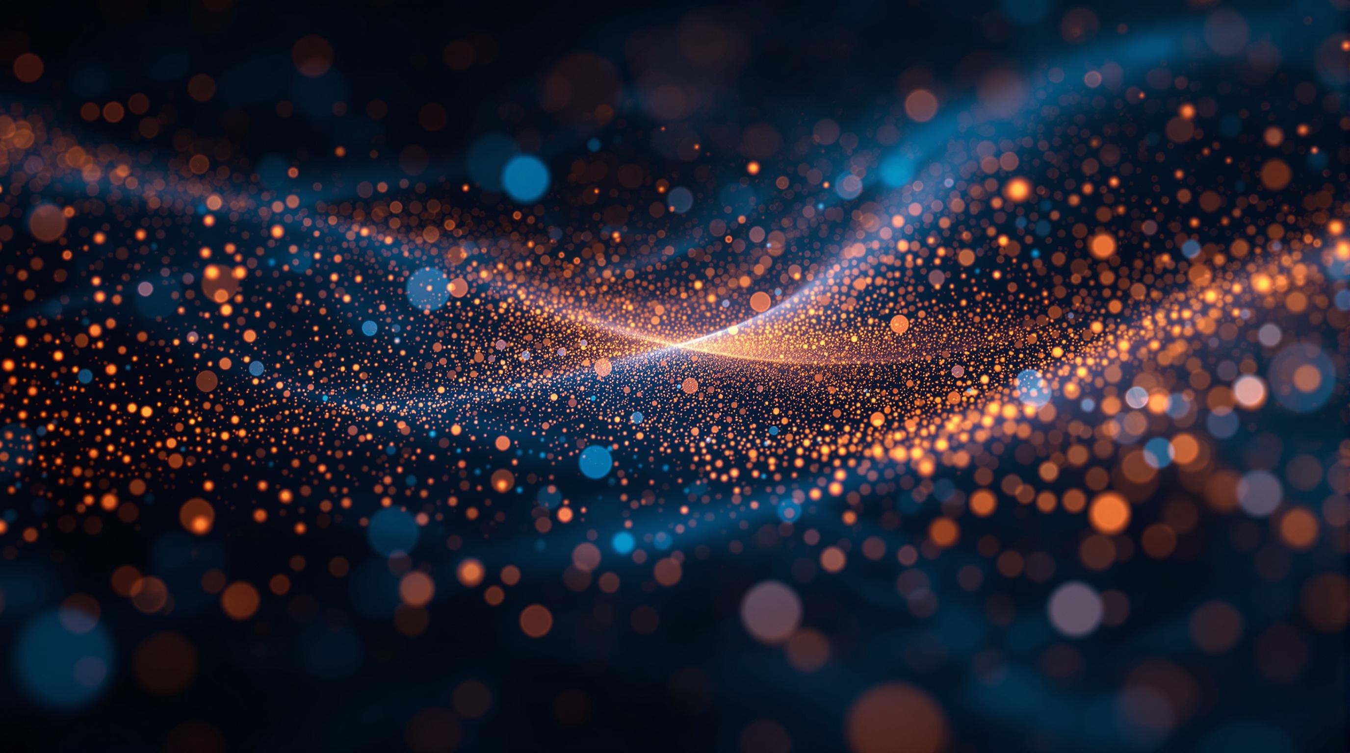 Conceptual illustration of stochastic diffusion in AI, showing particles undergoing Brownian motion and progressive noise reduction, digital neural network overlays, scientific and modern style, clean and professional composition, 16:9 aspect ratio