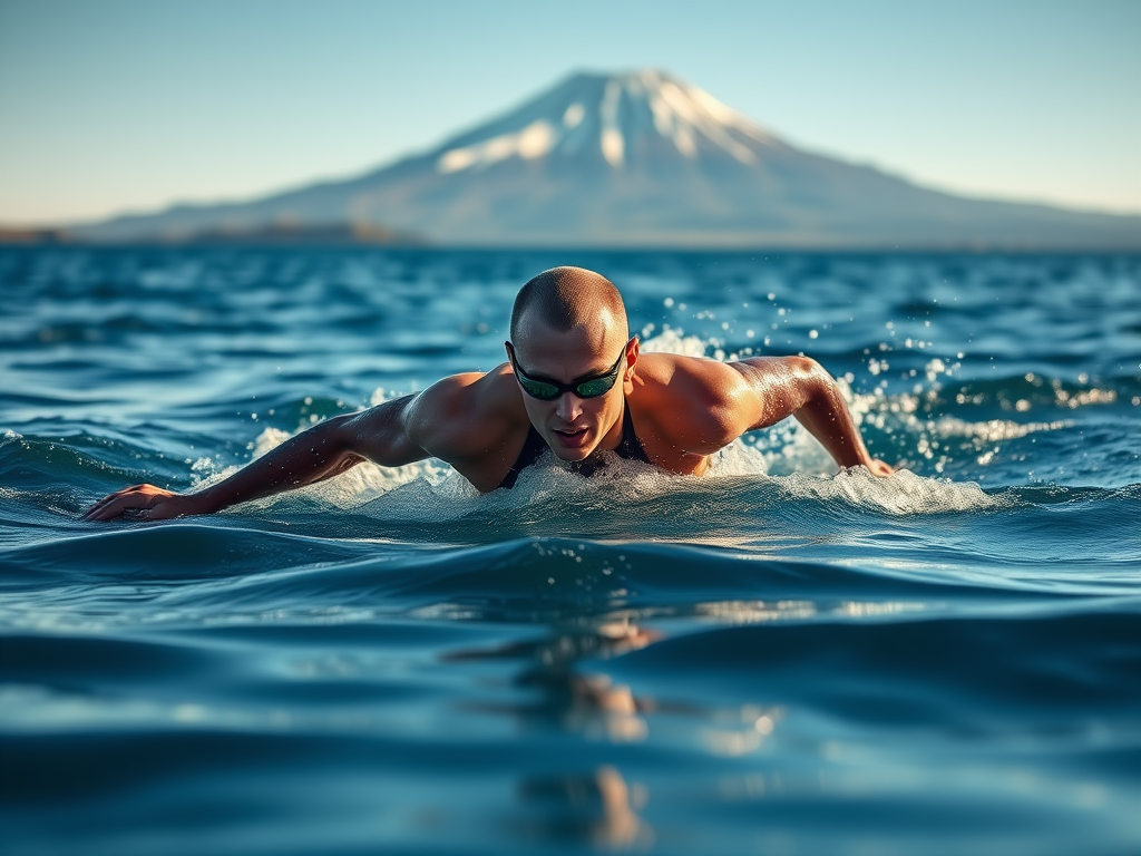 Create a realistic image of a white male triathlete swimming in the clear blue waters of Lake Villarrica, with snow-capped Villarrica Volcano visible in the background, wearing a black wetsuit and goggles, performing a powerful freestyle stroke, with splashing water droplets around him, early morning sunlight creating a golden glow on the water's surface.