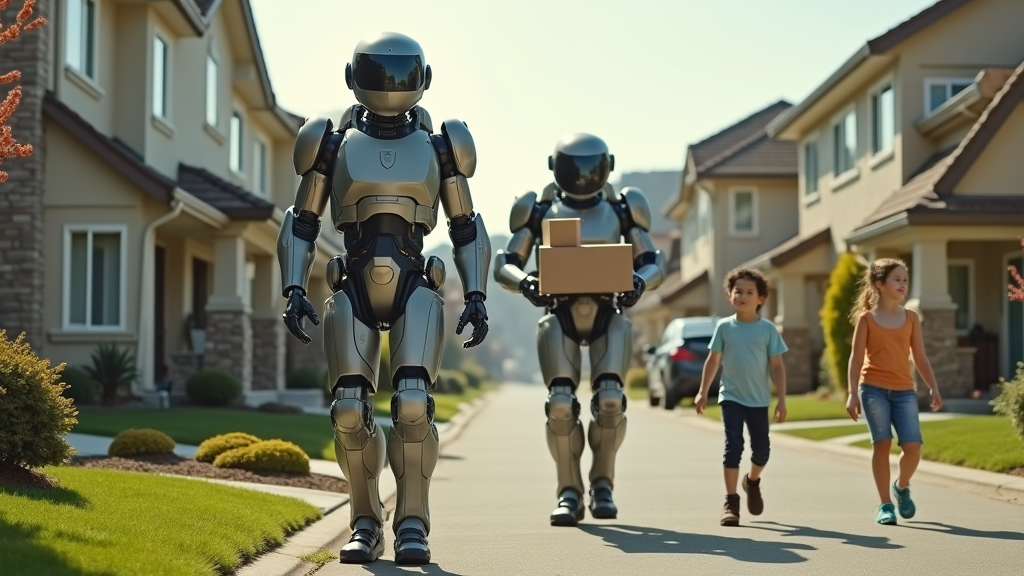 A futuristic suburban neighborhood where robotic soldiers, dressed in military uniforms, are delivering packages, while parents and children look on curiously.