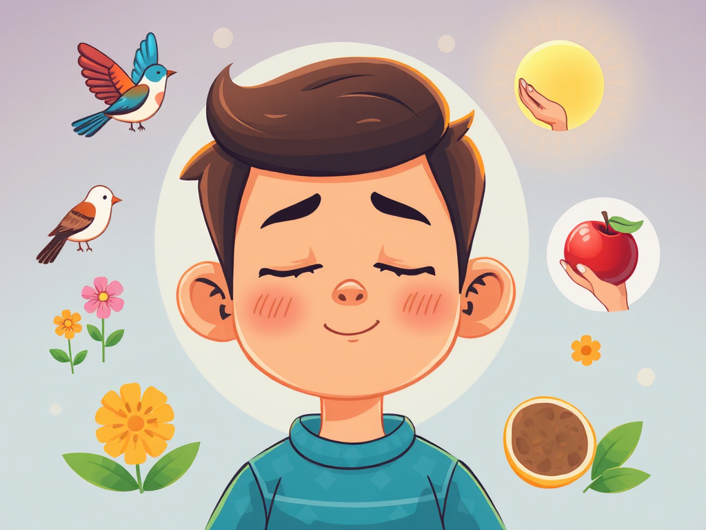 catroon adult character being aware of the present moment - using senses 