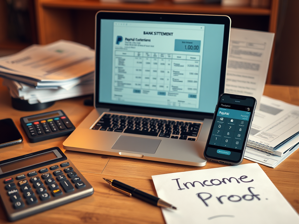 Create a realistic image of a professional desk with a laptop displaying a bank statement, tax return forms, and a smartphone showing a PayPal transaction history. Include a calculator, pen, and notepad with "Income Proof" written on it. The scene should have warm, office-like lighting, creating a professional yet approachable atmosphere.