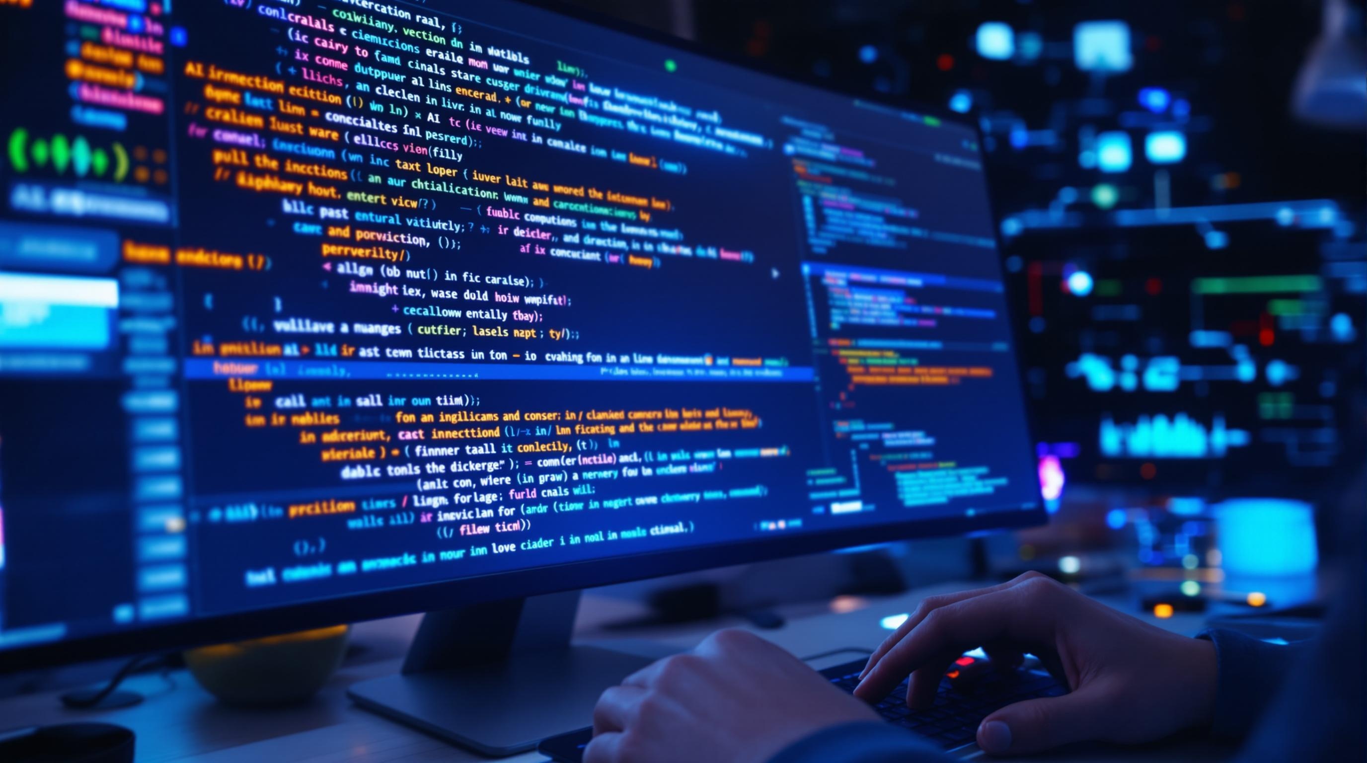 Modern developer at a command line interface using AI-powered debugging tools, real-time code inspection with highlighted variables and breakpoints, digital workspace with abstract AI elements, professional and clean style, 16:9 aspect ratio