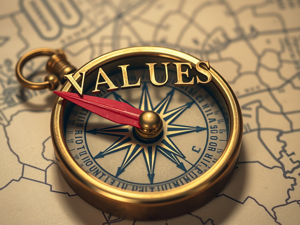 a compass with a red (north) arrow pointing towards the word values