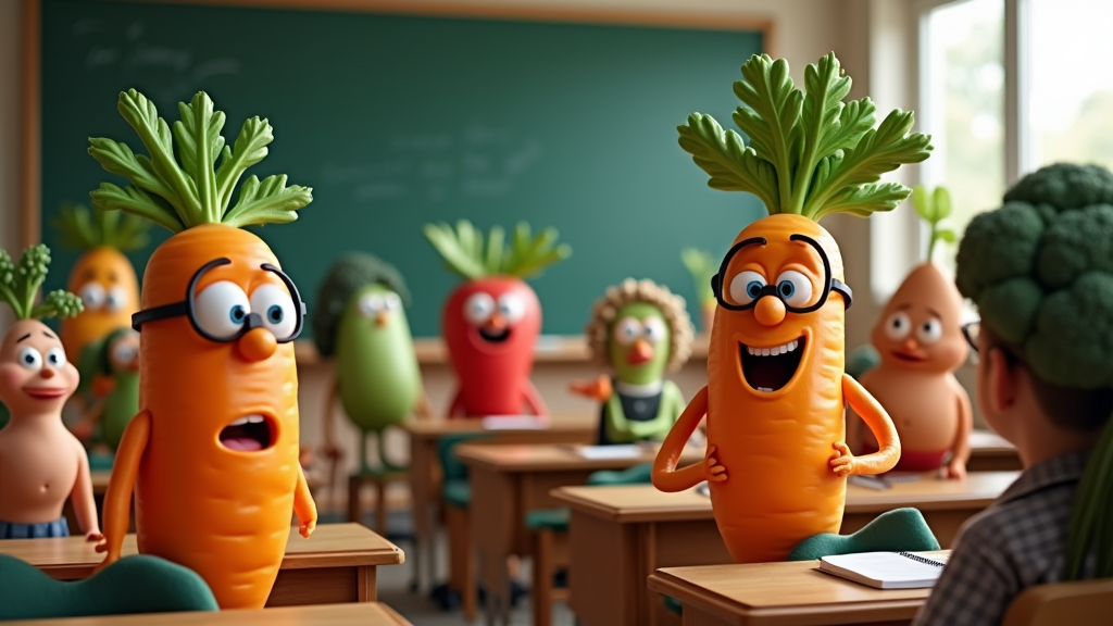 A classroom filled with various vegetables wearing glasses and teaching lessons to enthralled students, with a carrot-shaped blackboard in the background and broccoli cheering from the sidelines.