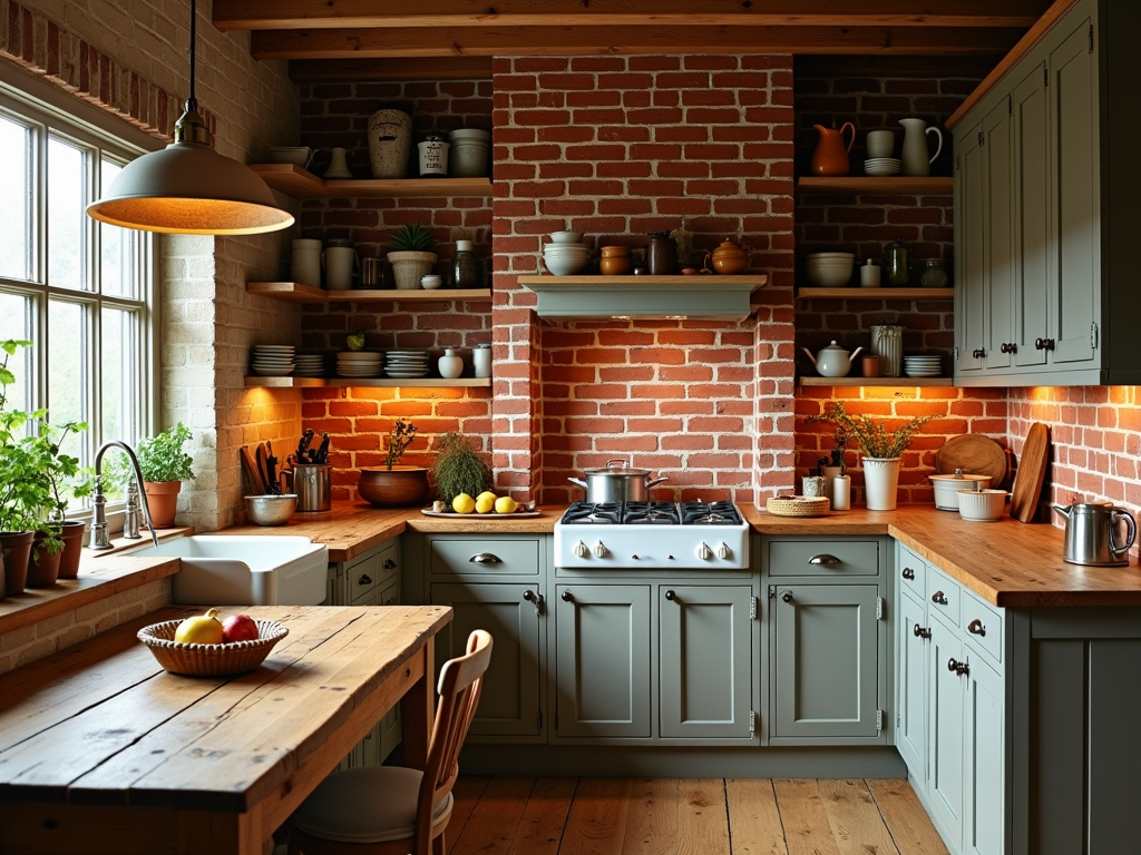 Charming Country Kitchen with a Red Brick Accent Wall