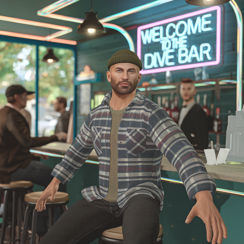 A centered figure in a virtual reality dive bar with blurred greenery outside, surrounded by iridescent accents and rim light, in a medium shot with sharp focus and natural light.