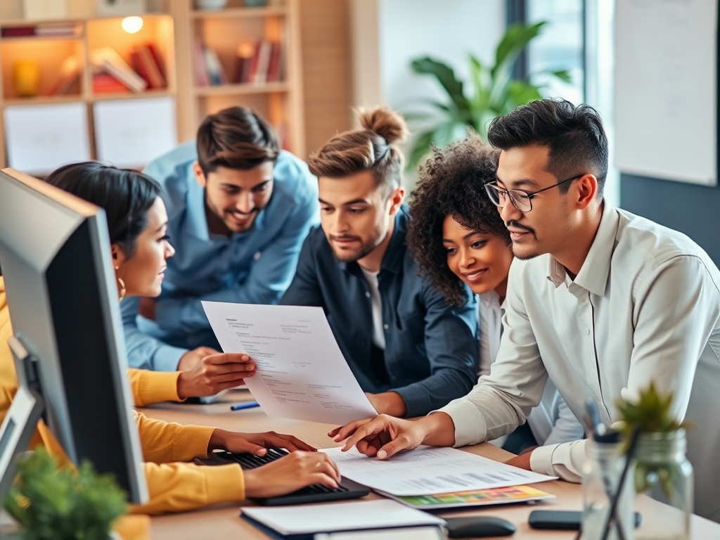 A diverse group of people reviewing resumes on a computer.