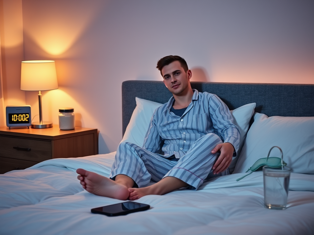 Create a realistic image of a cozy bedroom at night with a digital alarm clock displaying 10:00 PM, warm ambient lighting from a bedside lamp, a white male in his 30s wearing pajamas sitting on the edge of a neatly made bed, looking relaxed and ready for sleep, with a sleep mask and a glass of water on the nightstand, and a smartphone being placed face-down, emphasizing a consistent bedtime routine.