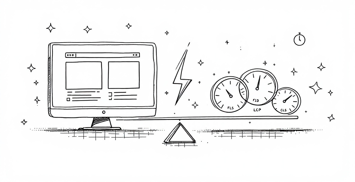 Minimalist illustration contrasting A/B testing and Core Web Vitals with a balance scale showing the performance paradox
