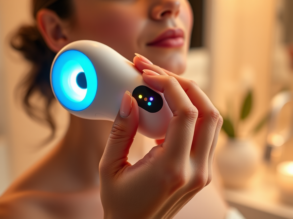 Create a realistic image of a close-up view of a woman's hand holding a sleek facial massager with multiple color settings, focusing on the device's LED display showing different color options. The background should be a soft, blurred bathroom setting with warm lighting, emphasizing the importance of color choice in light therapy for skincare.