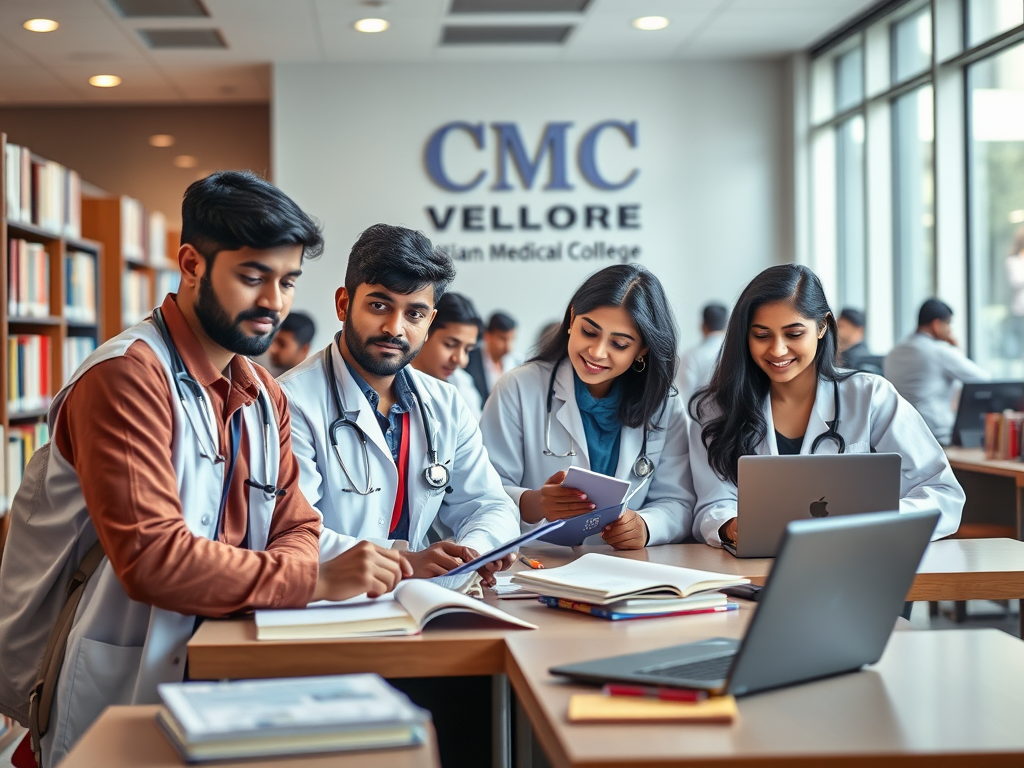 Create a realistic image of a diverse group of medical students, including Indian, white, and black males and females, studying together in a modern library with CMC Vellore's logo visible on a wall, medical textbooks and laptops on tables, and a warm, welcoming atmosphere with soft lighting, capturing the essence of student life and the admission process at Christian Medical College Vellore.