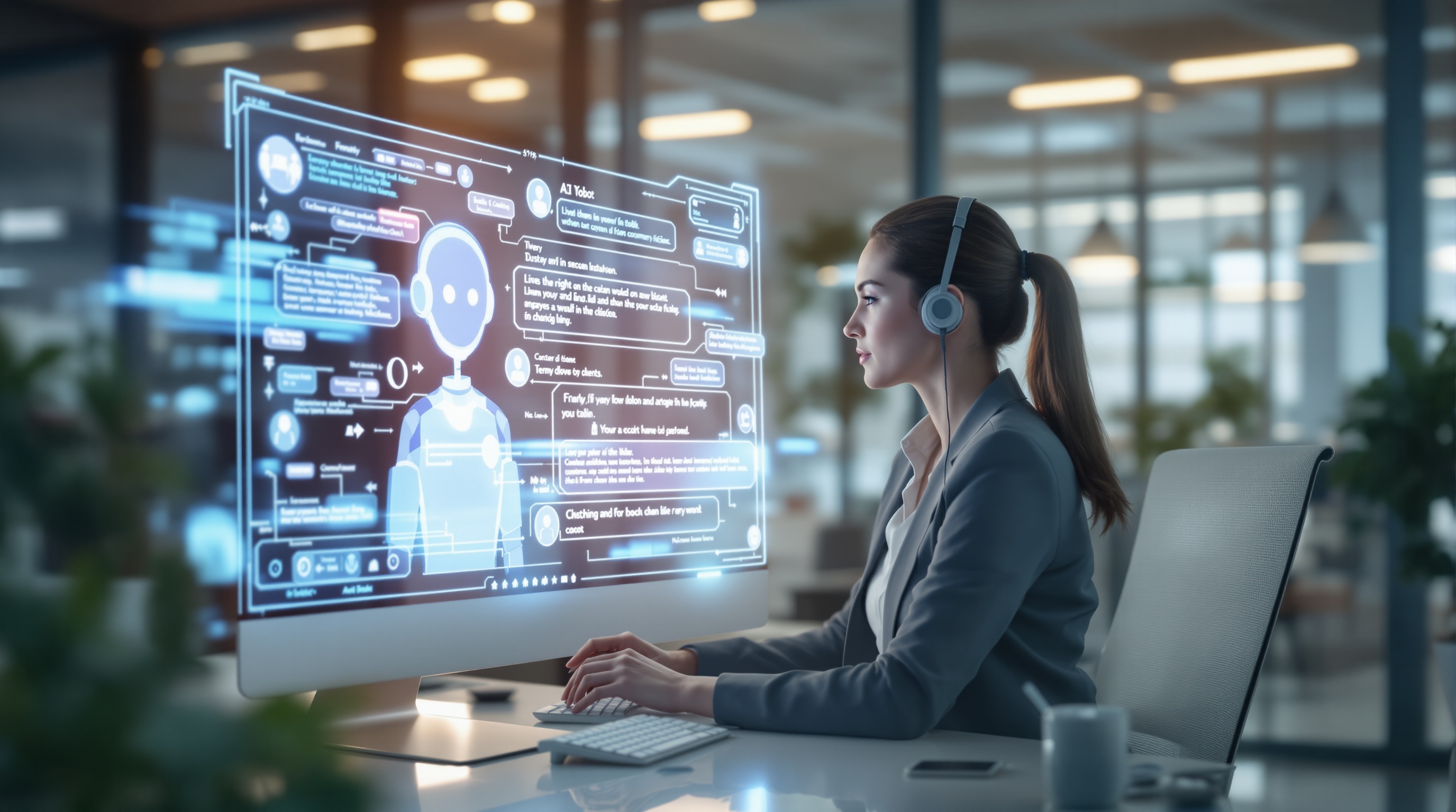 A realistic office customer service environment where a friendly AI chatbot interface is projected holographically on a sleek computer screen. A customer representative is shown monitoring the system while the chatbot handles live text interactions with clients in real-time. Bright modern lighting, subtle corporate setting, focus on seamless collaboration between human and AI, natural color tones, cinematic composition, 16:9 aspect ratio.