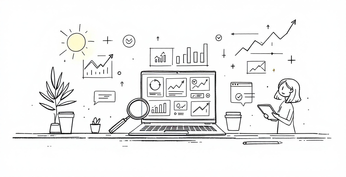 Minimalistic sketch of a digital marketing workspace with CRO specialists analyzing data.