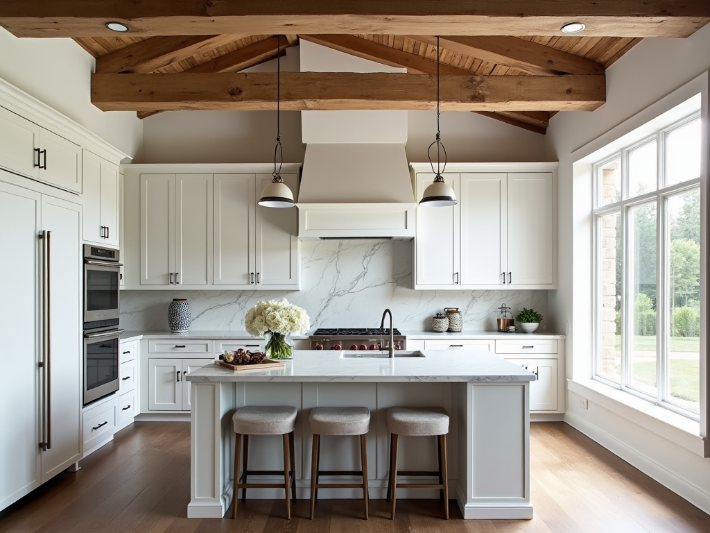 Rustic Wood Beams in a Modern White Kitchen Designs