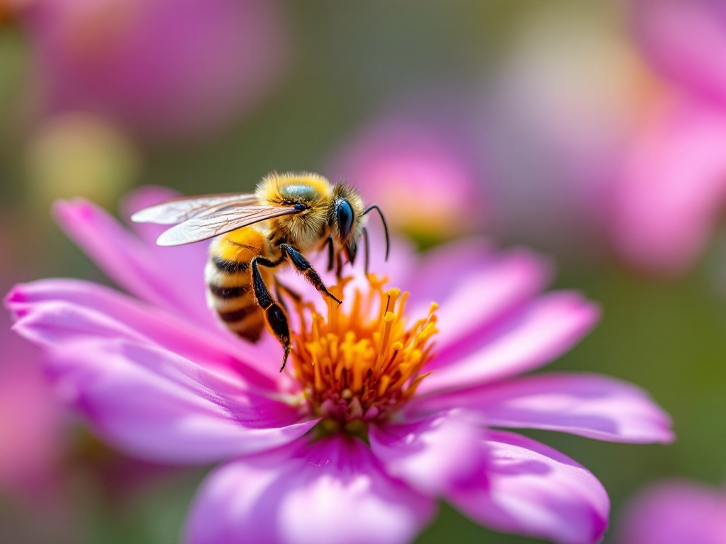 A photorealistic shot capturing a bee pollinating a vibrant flower, with pollen visible on its body, showcasing the symbiotic relationship between insects and flowers