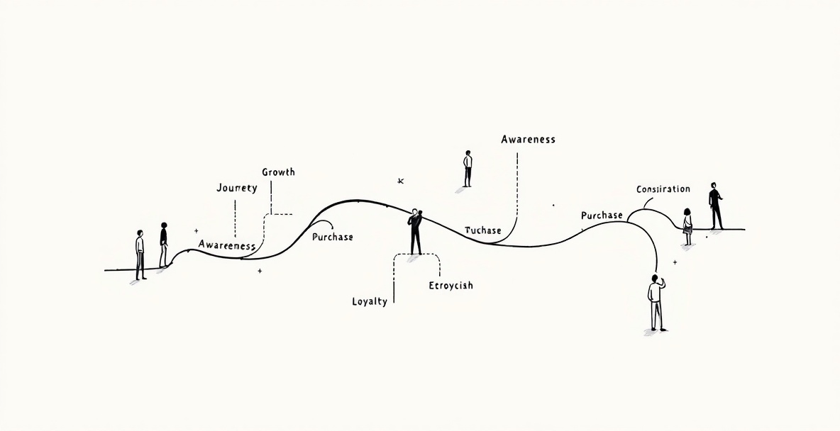 Minimalistic sketch of a customer journey path with key touchpoints and marketers analyzing it.