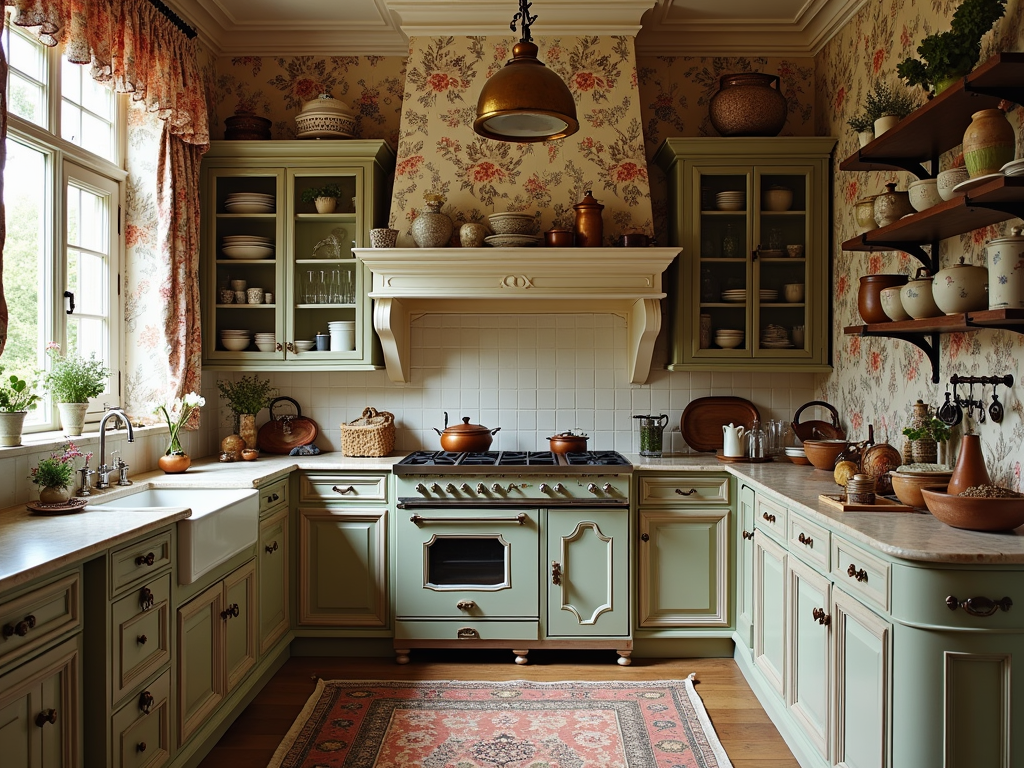 Charming French Provincial Kitchens with Maximalist Toile Wallpaper