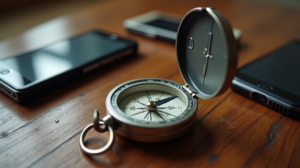 A shiny, modern pocket compass sitting on a coffee table, surrounded by smartphones and GPS devices, looking proud and nostalgic.