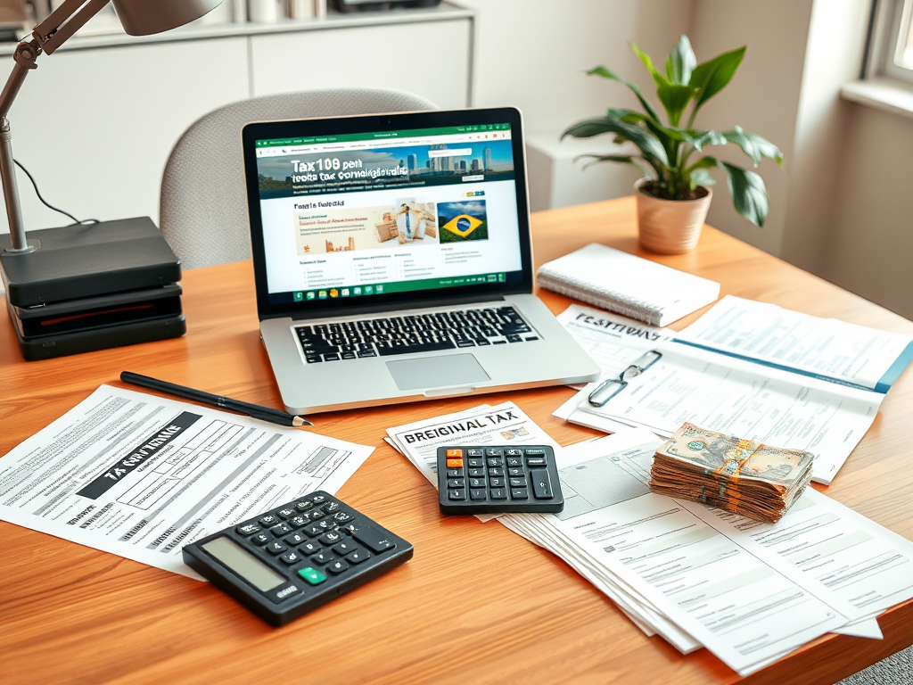 Create a realistic image of a modern office desk with various tax documents scattered across it, a calculator, and a laptop displaying a government tax website. A stack of Brazilian currency (reais) sits nearby, symbolizing tax payment. The scene is well-lit, emphasizing the official nature of the documents and the importance of tax collection.