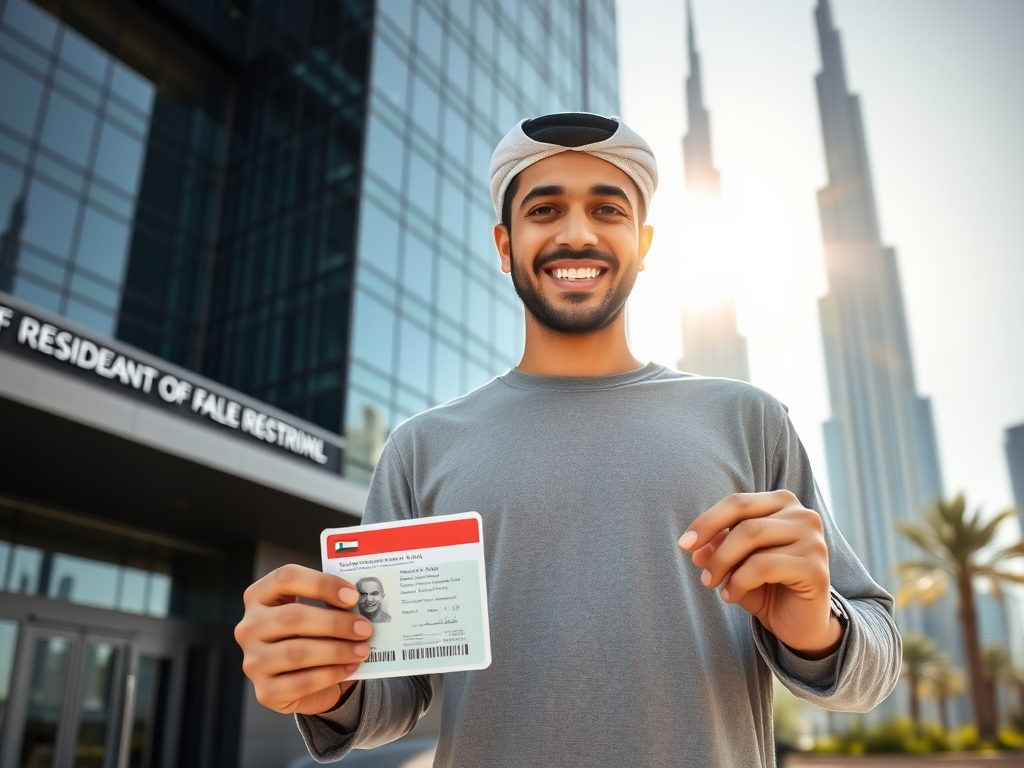 Create a realistic image of a smiling Middle Eastern man holding his newly approved UAE Residence Visa, standing in front of a modern government building in Dubai with the iconic Burj Khalifa visible in the background, sunlight reflecting off the glass facades, conveying a sense of accomplishment and relief.