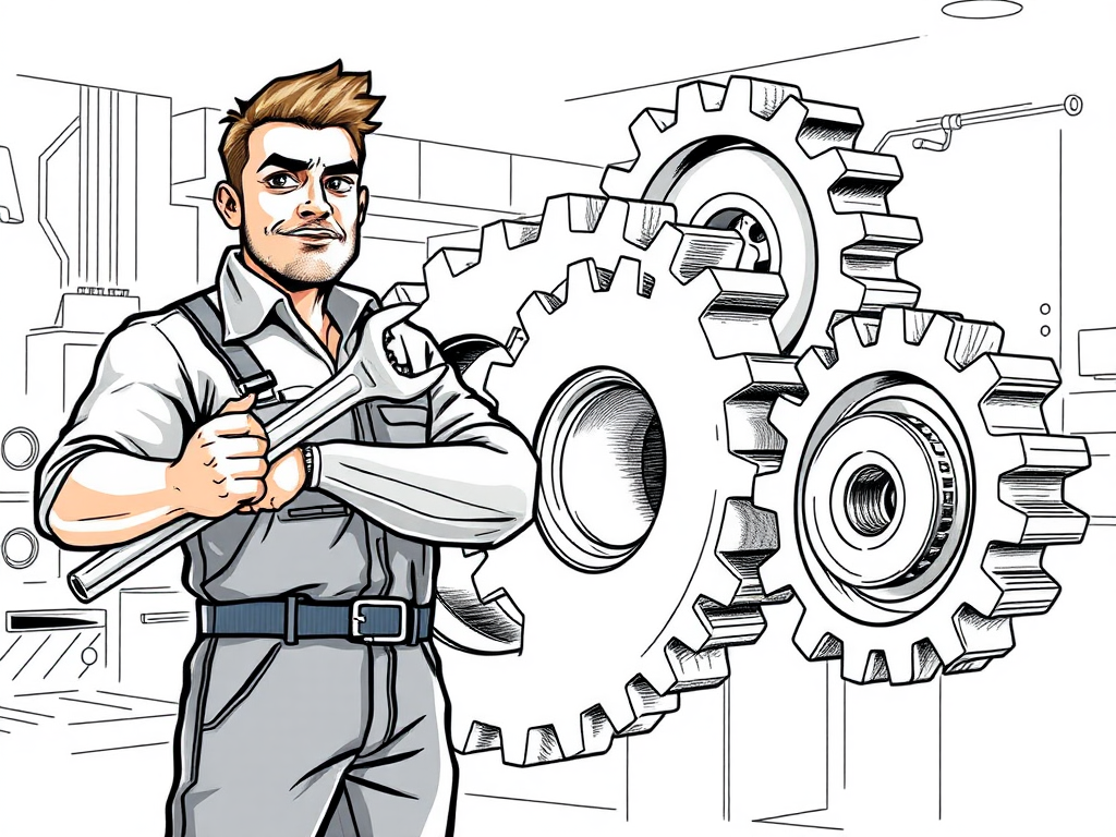 drawing of a person holding spanner next to 3 interlocking gears