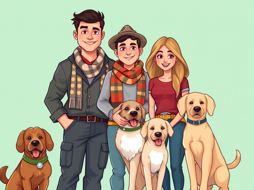 family image nuclear family in cartoon format: Dad- tallest slightly bigger build, age 50 small amount of dark receding hairline, builder and protector of the family; Mum: 50 years old, short and slightly bigger build, soft features, funky colorful clothing and a scarf with a stylish hat; Son who is tall, slim build age 20, 2nd tallest, casual clothing; + Daughter; 3rd tallest, age 18, blonde/brown hair, jeans and a tight t-shirt) 3 dogs (1 male golden lab, 1 female golden lab, 1 light brown cockapoo)