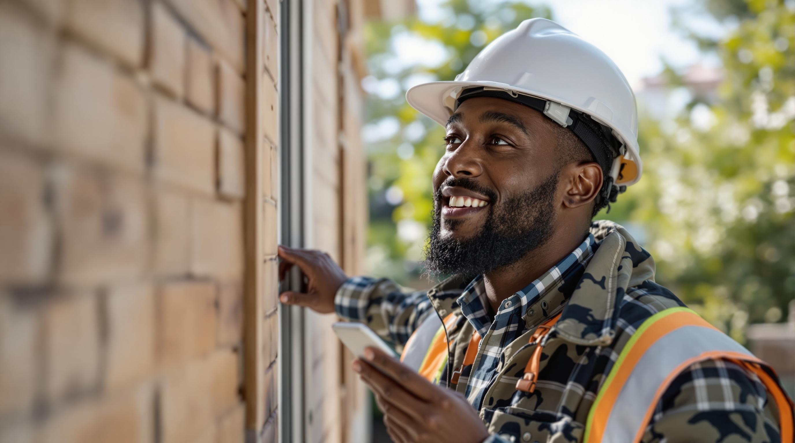Property Manager Inspecting Residential Building A property manager inspecting a residential building, showcasing diversity in the workplace.