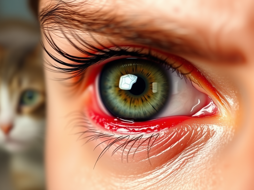 Create a realistic image of a close-up view of a human eye with visible redness, watering, and swelling around the eyelid, against a blurred background of a cat's silhouette, with soft lighting to emphasize the eye's irritated appearance.