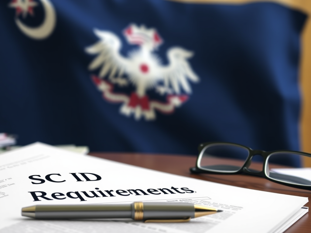 Create a realistic image of an official-looking document labeled "SC ID Requirements" on a desk, with a South Carolina state flag in the background, a pen resting on the document, and a pair of reading glasses nearby, suggesting a focus on understanding and preparing for the ID application process.