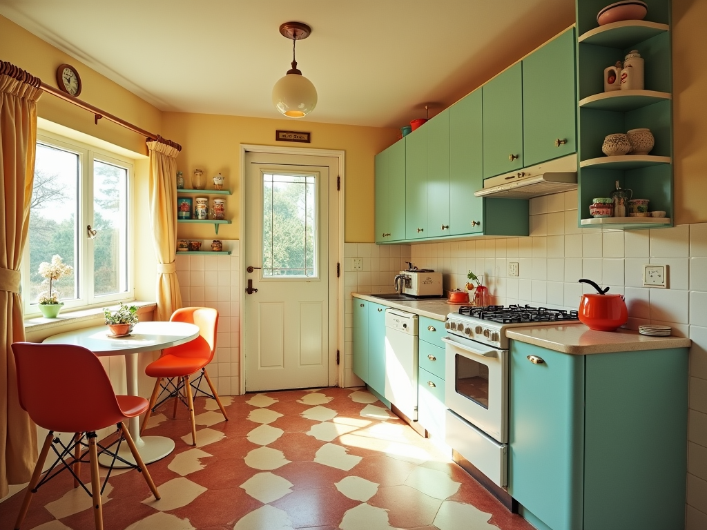 Chic Retro 1950s Kitchen with Luxurious Checkerboard Floors