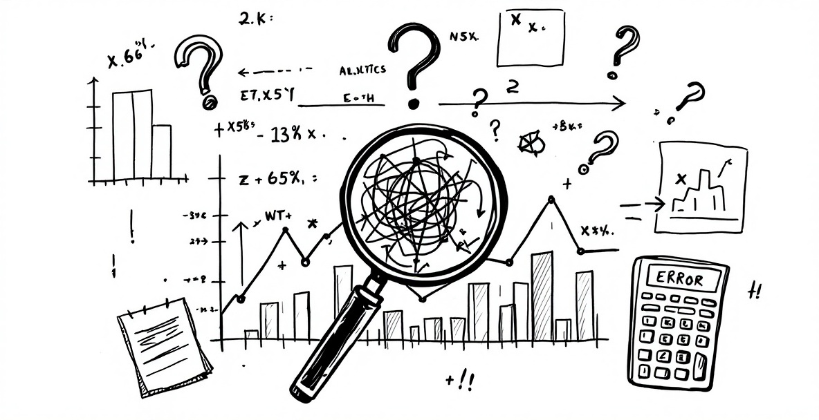 Minimalist sketch of a confusing marketing analytics dashboard with erratic graphs, question marks, and an error message