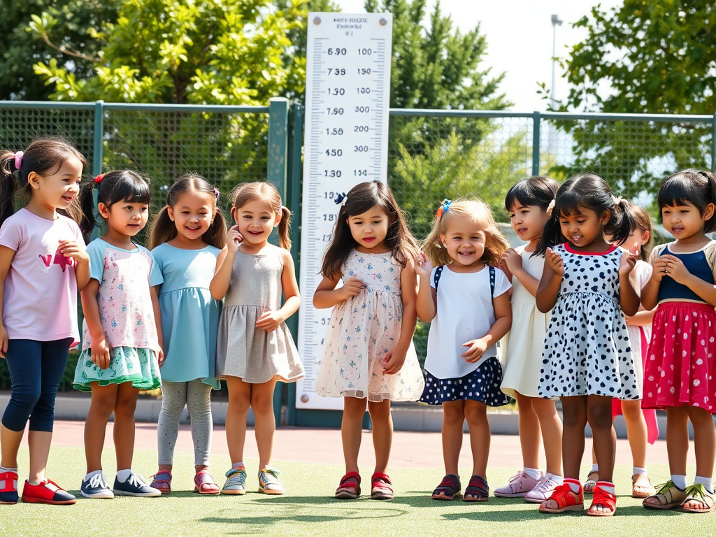 Create a realistic image of a diverse group of girls aged 6-9 years, various heights and ethnicities, standing in a school playground. A height chart or measuring tape in the background. Girls engaged in activities like jumping rope, playing hopscotch, or on monkey bars, emphasizing physical growth. Bright daylight, cheerful atmosphere.