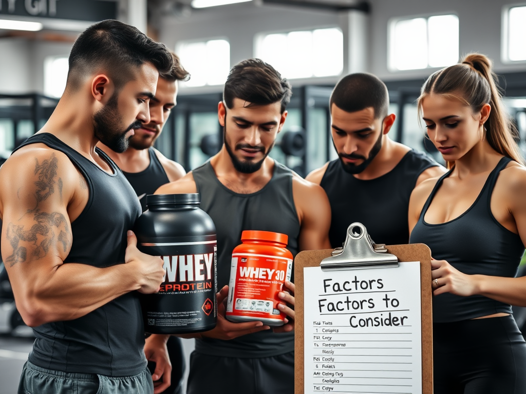 Create a realistic image of a gym setting with a diverse group of athletes examining whey protein containers, a nutrition facts label in the foreground, weightlifting equipment in the background, bright lighting, and a clipboard with "Factors to Consider" written on it prominently displayed.