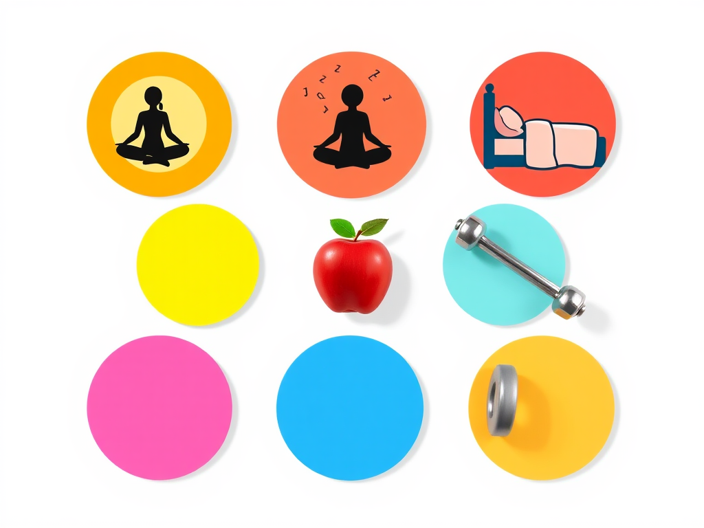 5 different coloured circles next to each other, one with a outline of person meditating, one with someone sleeping in bed, one with an apple, one with exercise weight