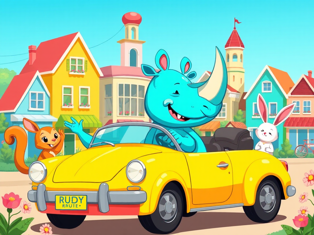 Rudy the Aqua Rhino and His Colorful Car