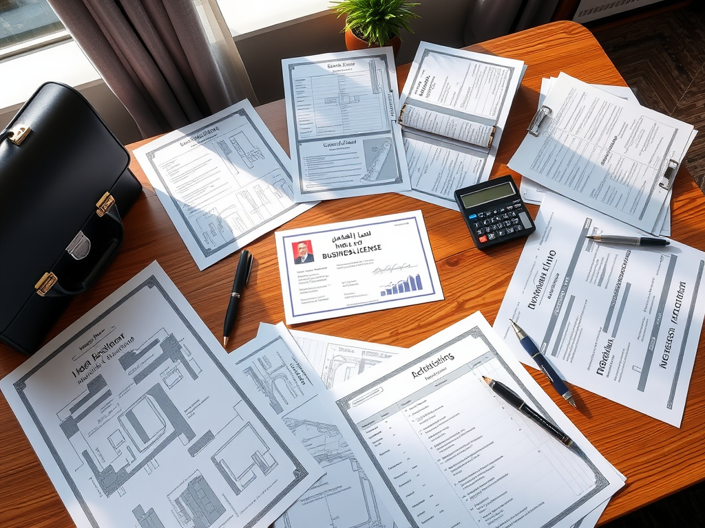 Create a realistic image of a professional office desk with various specialized documents spread out, including blueprints, medical certificates, and financial reports. A UAE business license is prominently displayed in the center. A briefcase, laptop, and calculator are visible, suggesting a business context. The scene is well-lit with natural light from a nearby window, creating a clean and official atmosphere.