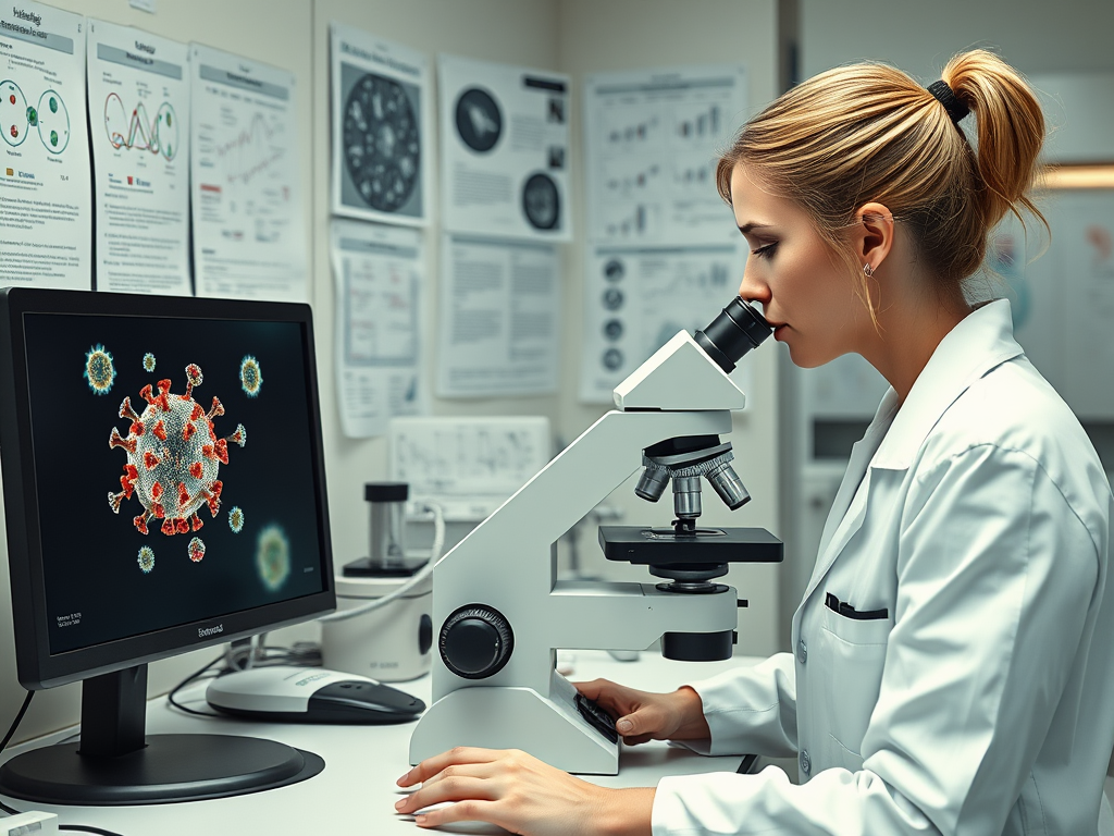 Create a realistic image of a laboratory setting with a white female scientist in a lab coat peering through a microscope, examining a virus-like structure visible on a monitor beside her. In the background, medical charts and research papers are pinned to a wall, showcasing viral structures and their potential applications in medicine. The scene is well-lit with a clinical, sterile atmosphere, emphasizing the connection between viruses and medical advancements.