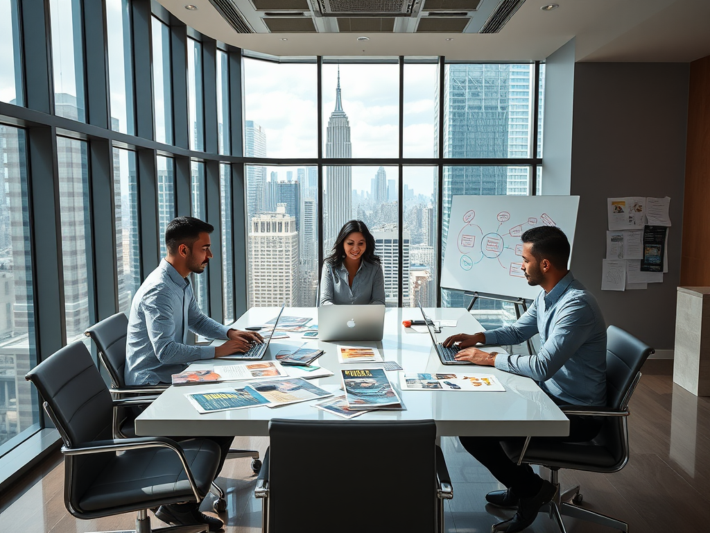 Create a realistic image of a sleek, modern office space in a high-rise building with floor-to-ceiling windows overlooking the New York City skyline, featuring a diverse team of advertising professionals (including white male, black female, and Asian male) collaborating around a large table with creative visuals and marketing materials spread out, laptops open, and a whiteboard with brainstorming ideas visible in the background.