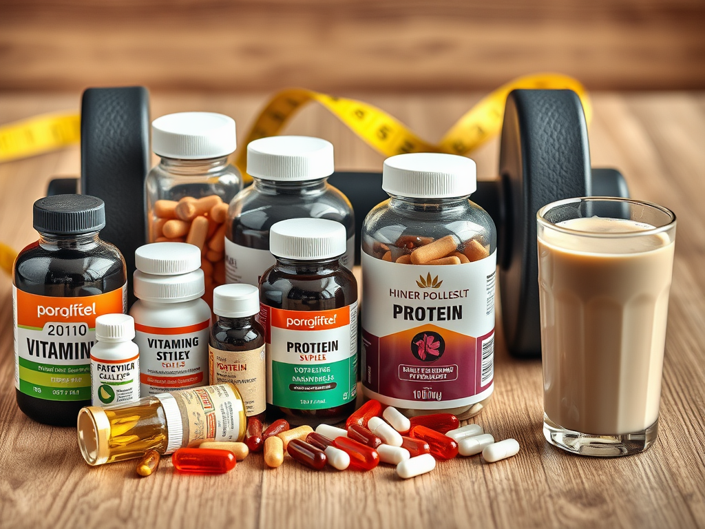 Create a realistic image of various vitamin and mineral supplement bottles and capsules arranged on a wooden table, with a dumbbell and a measuring tape visible in the background, soft studio lighting highlighting the supplements, and a protein shake in a clear glass next to the arrangement.