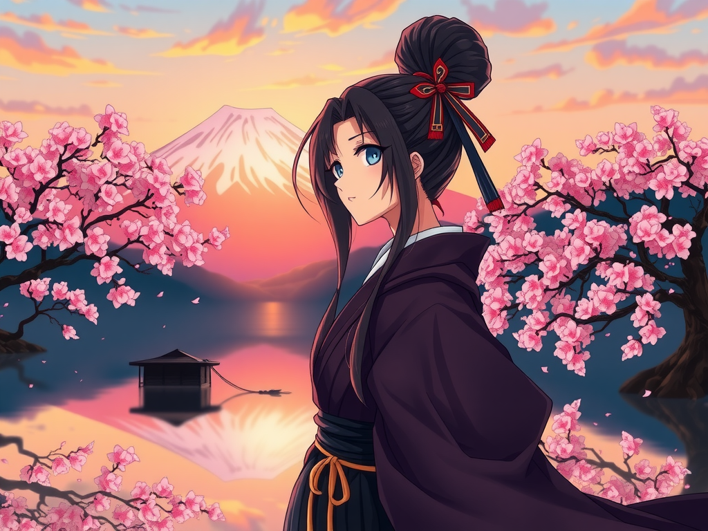 Anime style portrait of a female samurai at a beautiful lake with cherry trees, mountain fuji background, spring, sunset