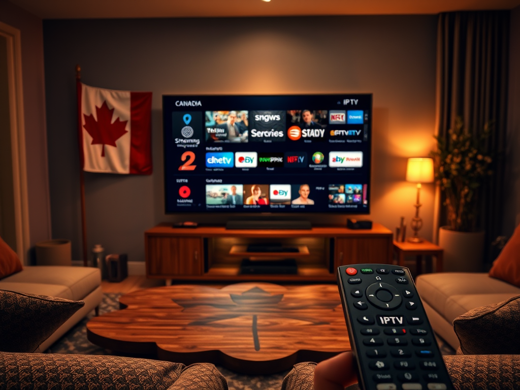 Create a realistic image of a living room with a large flatscreen TV displaying various streaming services and IPTV channels, a Canadian flag on the wall, a maple leaf-shaped coffee table, and a remote control with "IPTV" written on it in the foreground, all illuminated by warm, ambient lighting to create a cozy atmosphere.