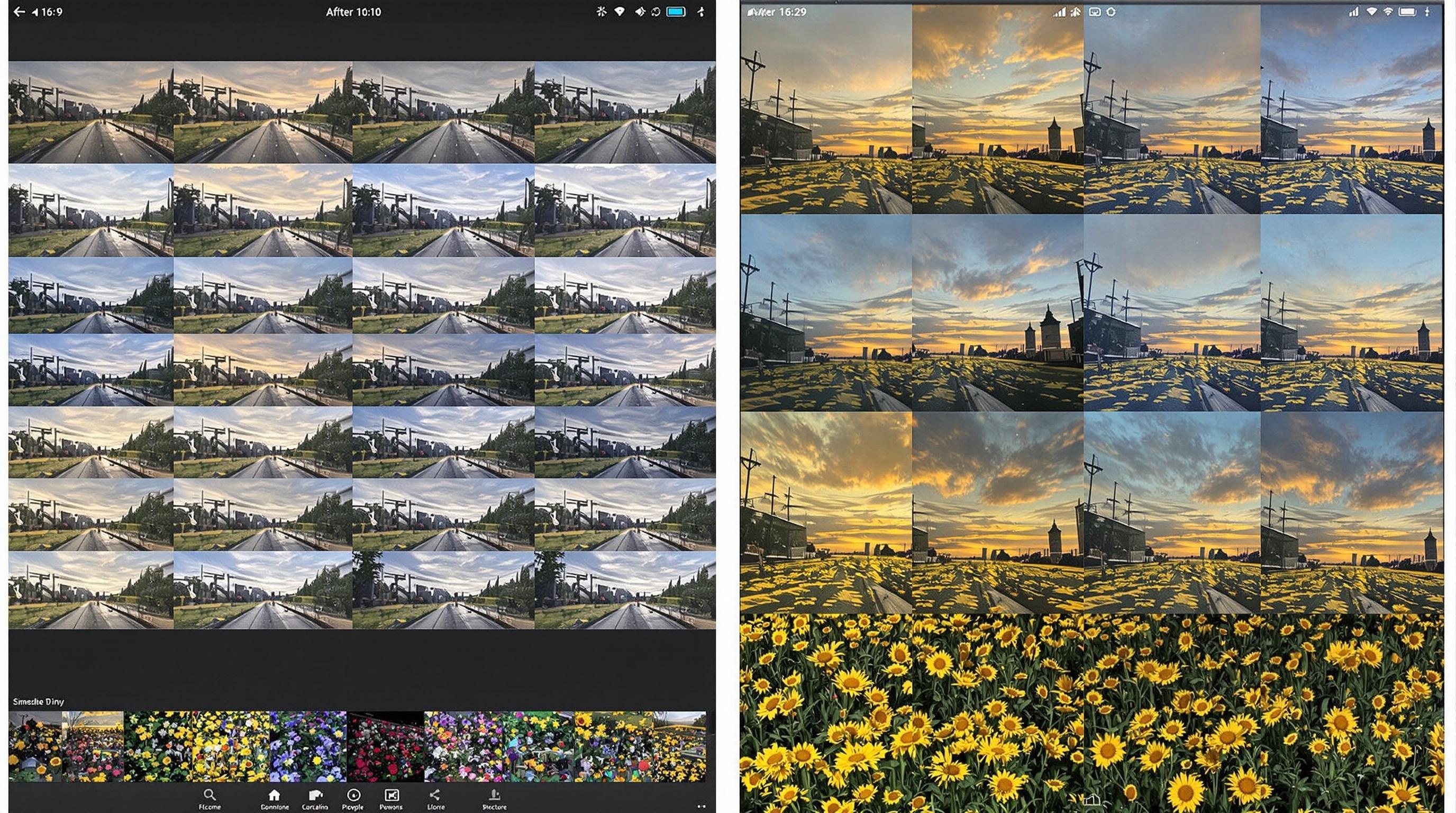 Side-by-side comparison of a batch of ordinary photos versus the same images after AI enhancement, emphasizing improved clarity, vibrant colors, and consistent quality, modern digital workspace, professional and clean visual style, 16:9 aspect ratio