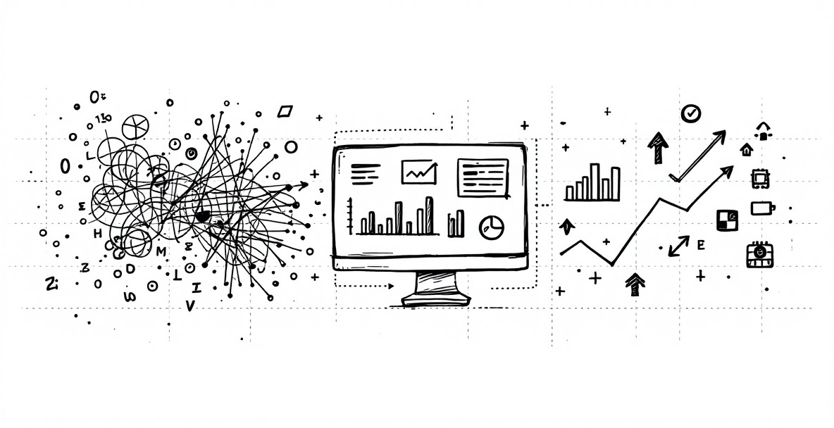 Minimalist sketch showing transformation from raw data on left to organized visualizations and clear decision symbols on right