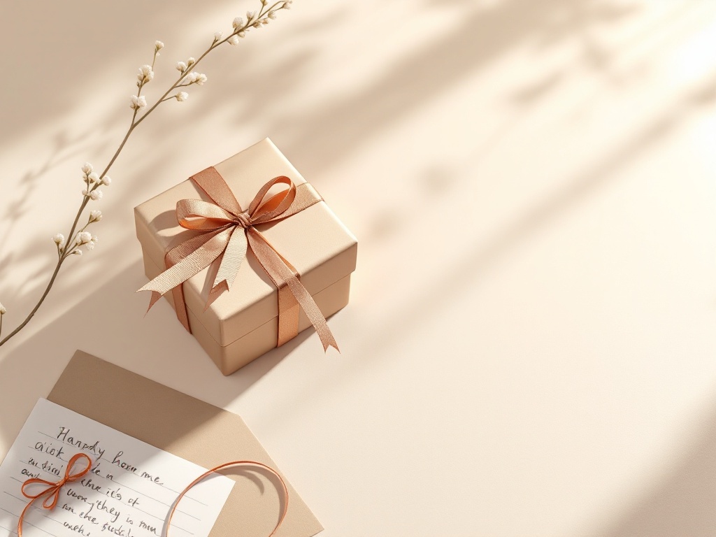 A photorealistic shot capturing a beautifully wrapped gift box with a ribbon, placed next to a handwritten card, on a plain surface with soft lighting