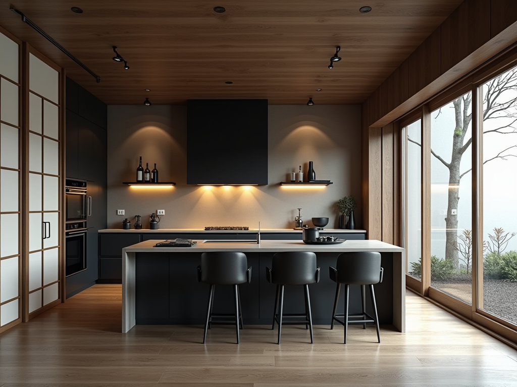 Serene Japanese Minimalist Kitchen with Gothic Touch